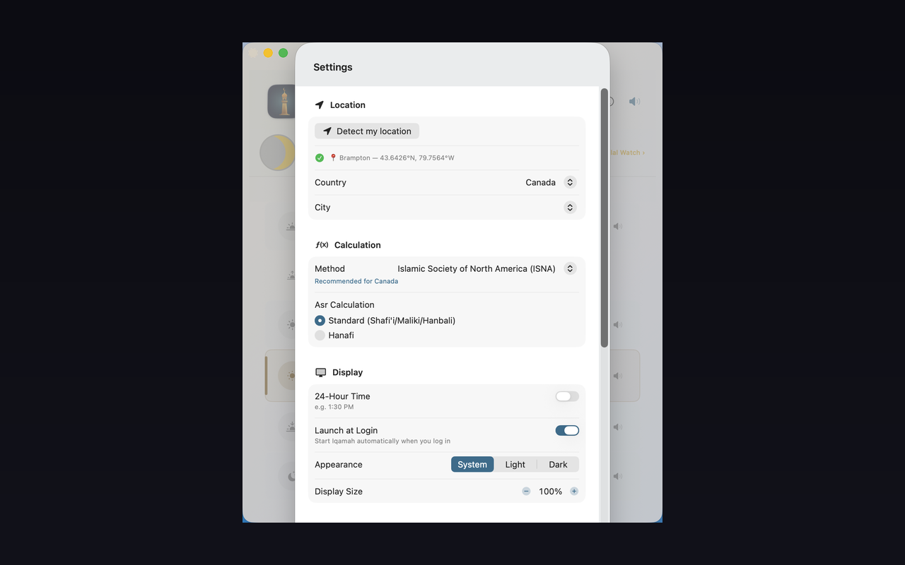 Settings — calculation method & adjustments